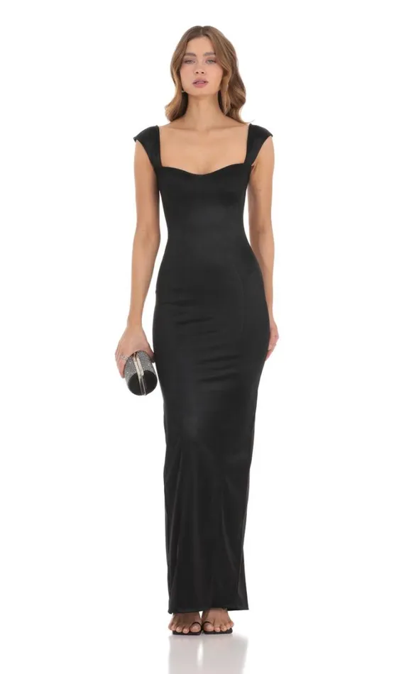 Satin Bodycon Maxi Dress Black Women LUCY IN THE SKY Maxi Dresses