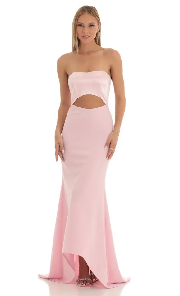 Satin Corset High Low Crepe Maxi Dress Pink Women LUCY IN THE SKY Maxi Dresses