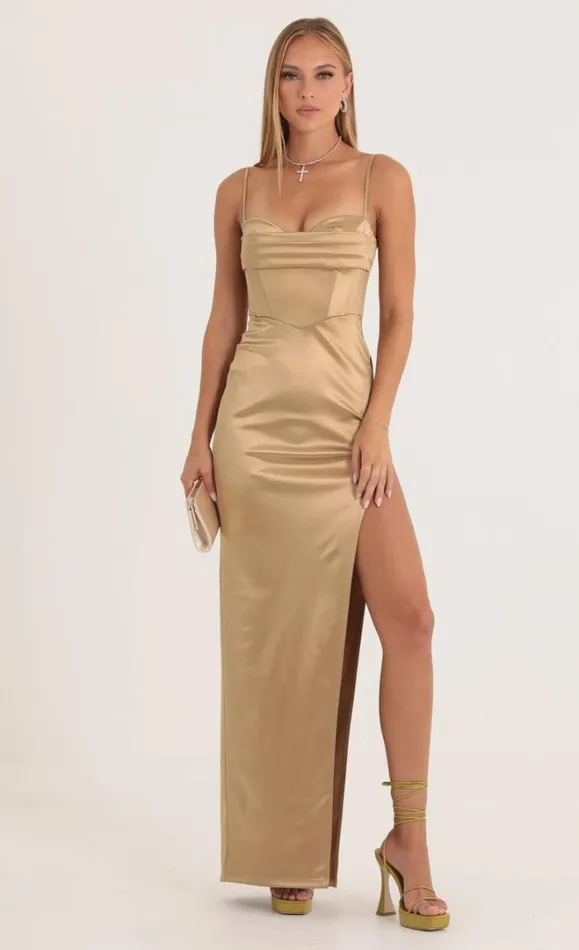 Satin Corset Maxi Dress Gold Women LUCY IN THE SKY Maxi Dresses