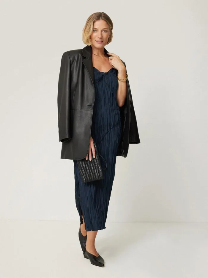 Satin Drape Plisse Slip Dress Navy Women Jigsaw Party