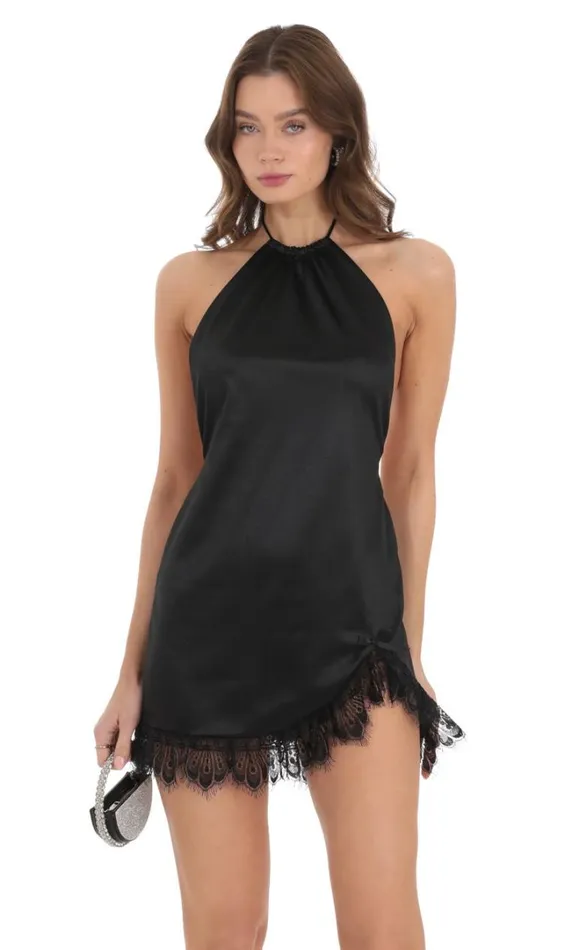 Satin Lace Ruffle Halter Dress Black Women LUCY IN THE SKY Mini Dresses