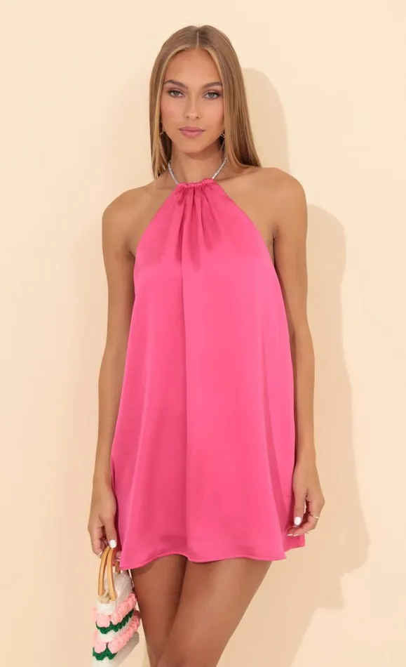 Satin Open Back Dress Pink Women LUCY IN THE SKY Mini Dresses