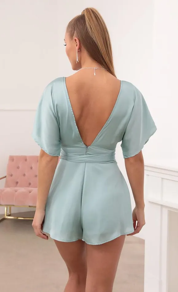 Satin Romper Teal Women LUCY IN THE SKY Rompers Satin Romper Teal Women LUCY IN THE SKY Rompers