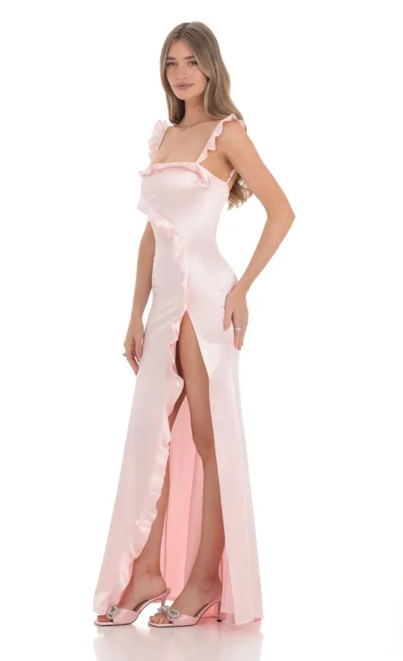 Satin Ruffle Maxi Dress Pink Women LUCY IN THE SKY Maxi Dresses