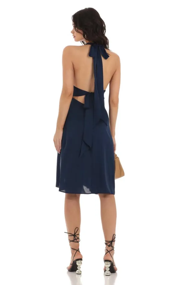 Satin Ruffle Slit Dress Navy Women LUCY IN THE SKY Midi Dresses