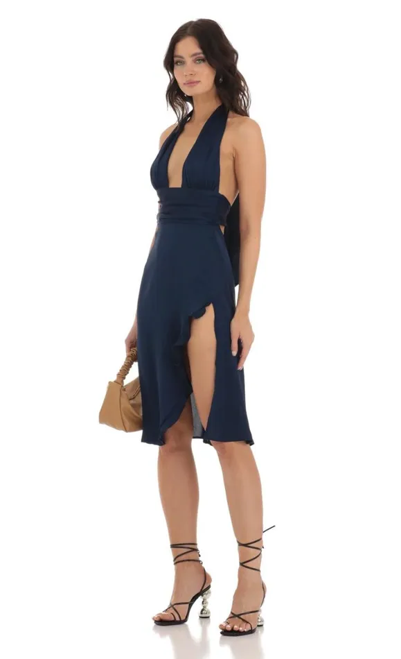 Satin Ruffle Slit Dress Navy Women LUCY IN THE SKY Midi Dresses