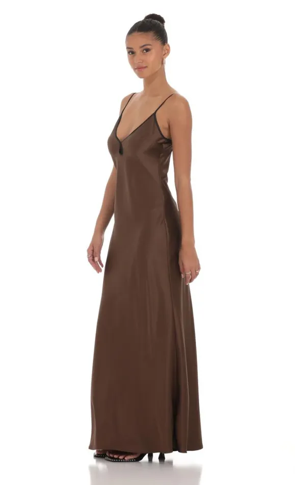 Satin Shift Maxi Dress Brown Women LUCY IN THE SKY Maxi Dresses
