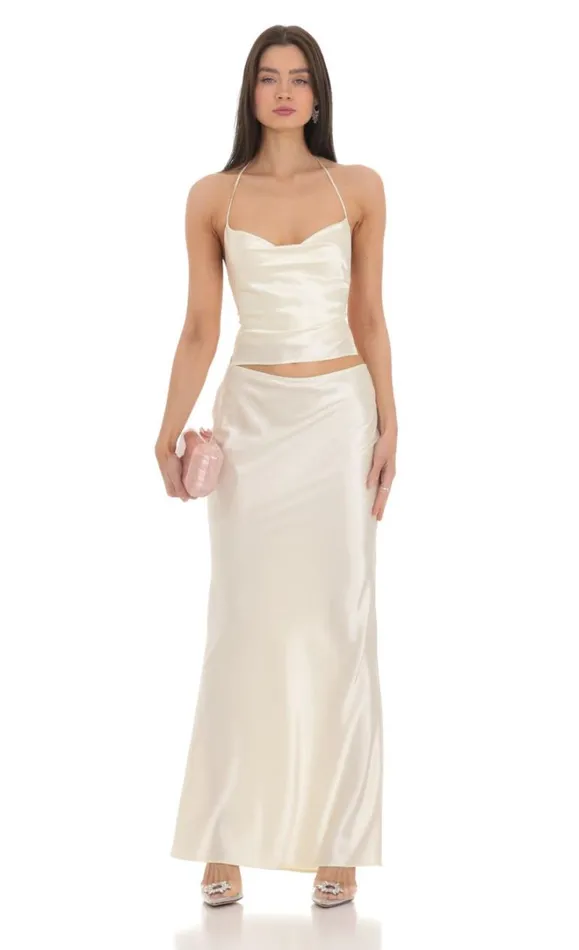 Satin Slip Two Piece Set Ivory Women LUCY IN THE SKY TwoPiece Sets