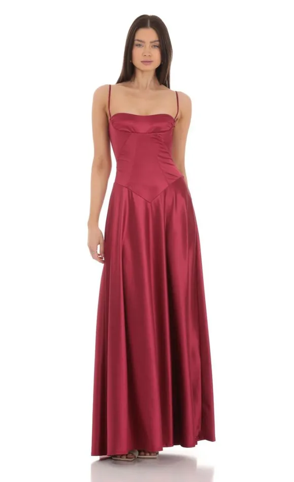 Satin Square Neck Maxi Dress Maroon Women LUCY IN THE SKY Maxi Dresses