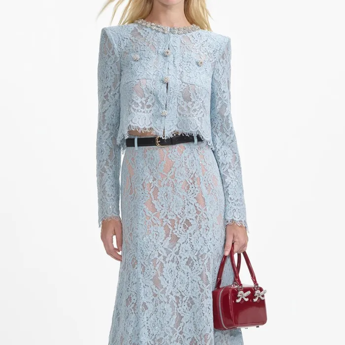 Self Portrait Bottoms Women Blue Lace Flared Midi Skirt