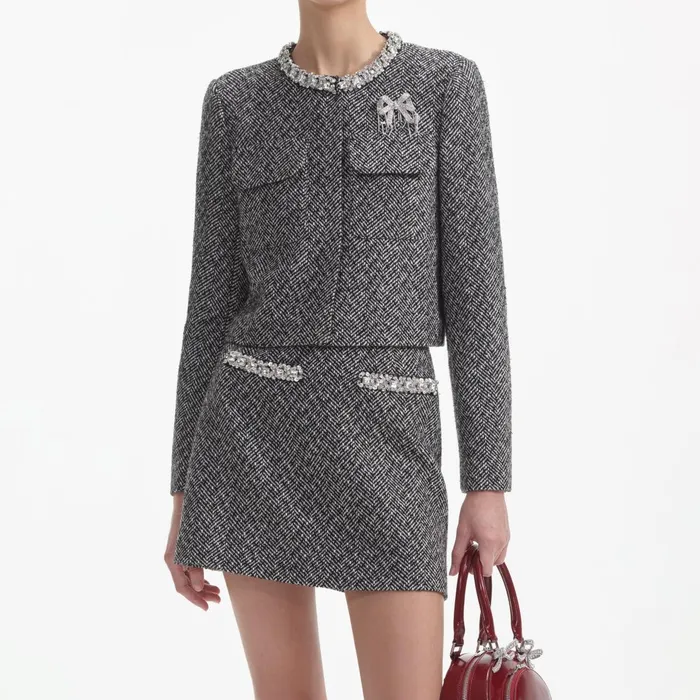 Self Portrait CoOrds Women Black Herringbone Embellished Jacket