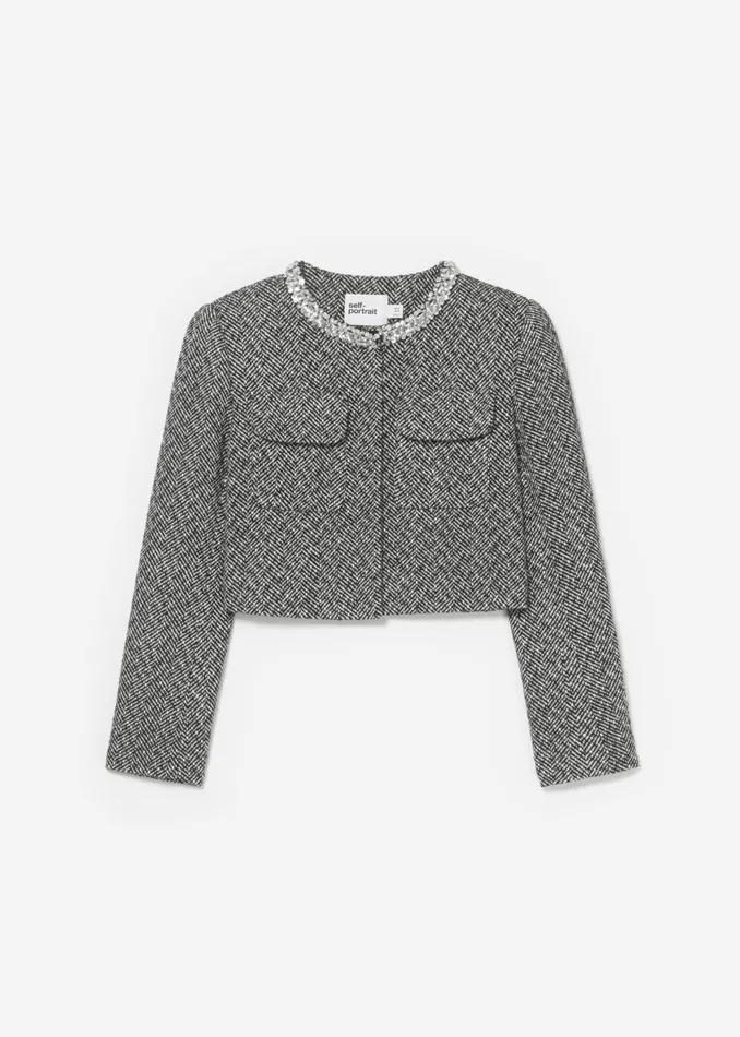 Self Portrait CoOrds Women Black Herringbone Embellished Jacket
