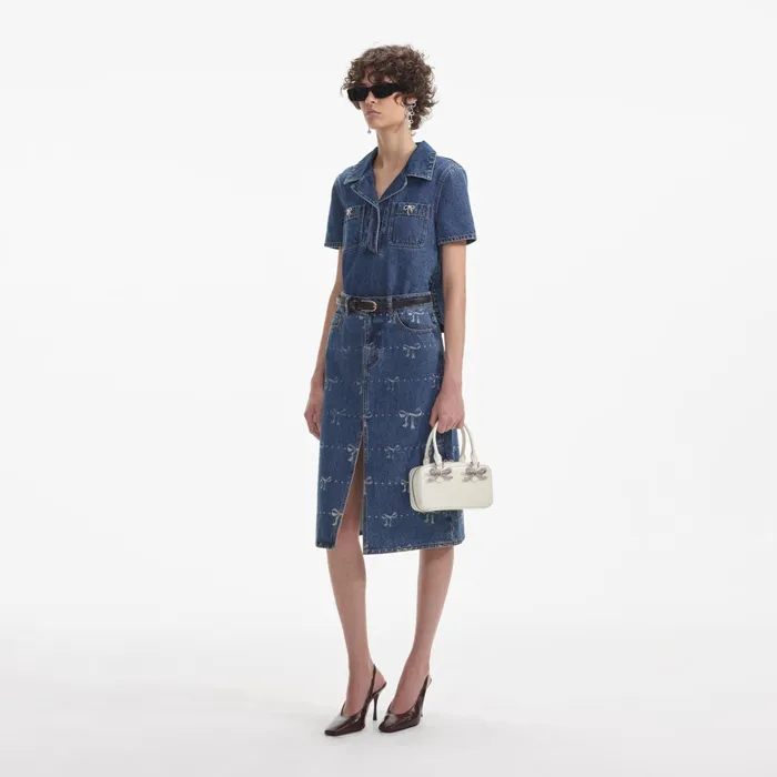 Self Portrait Denim Women Bow Trim Denim Top