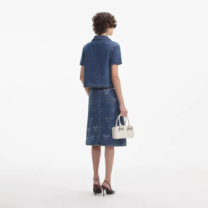 Self Portrait Denim Women Bow Trim Denim Top