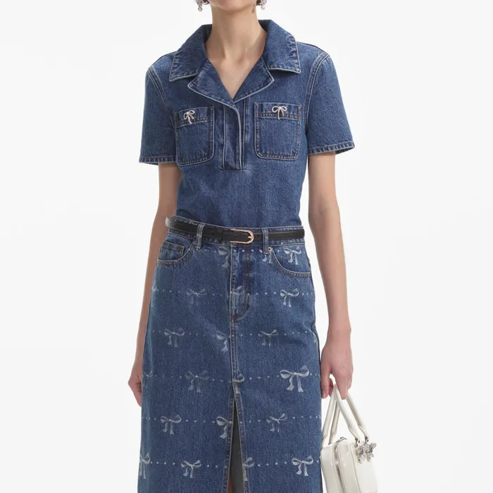 Self Portrait Denim Women Bow Trim Denim Top