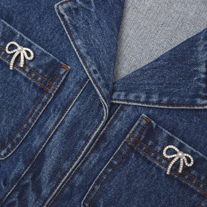 Self Portrait Denim Women Bow Trim Denim Top