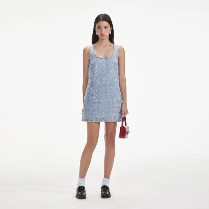 Self Portrait Denim Women Square Rhinestone Denim Mini Dress