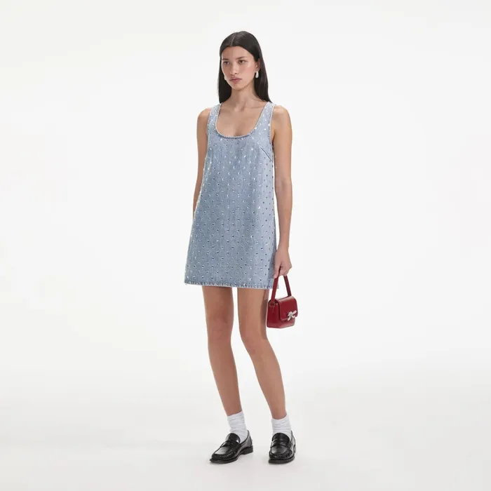 Self Portrait Denim Women Square Rhinestone Denim Mini Dress