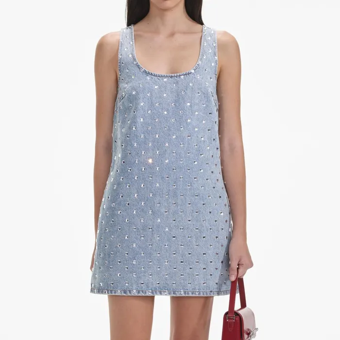 Self Portrait Denim Women Square Rhinestone Denim Mini Dress