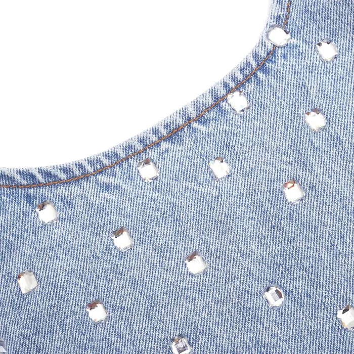 Self Portrait Denim Women Square Rhinestone Denim Mini Dress