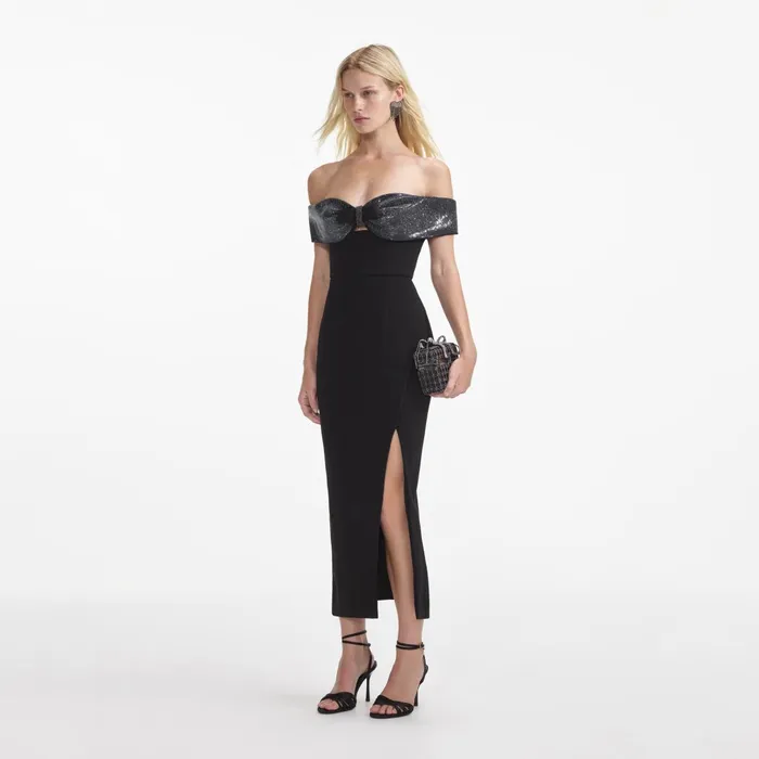 Self Portrait Dresses Women Black Crepe Bow Midi Dress