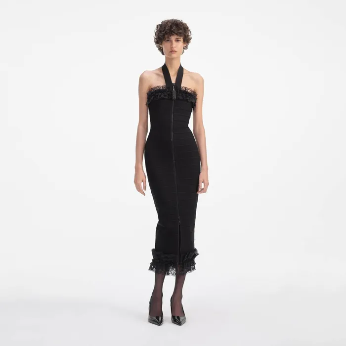 Self Portrait Dresses Women Black Knit Zip Ruffle Midi Dress
