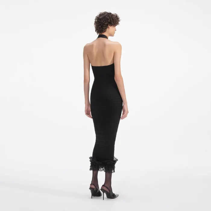 Self Portrait Dresses Women Black Knit Zip Ruffle Midi Dress