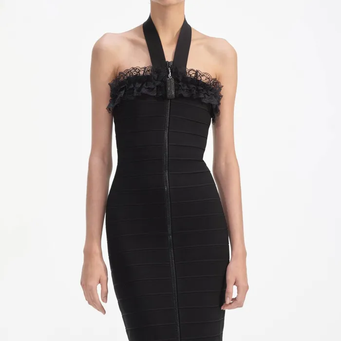 Self Portrait Dresses Women Black Knit Zip Ruffle Midi Dress