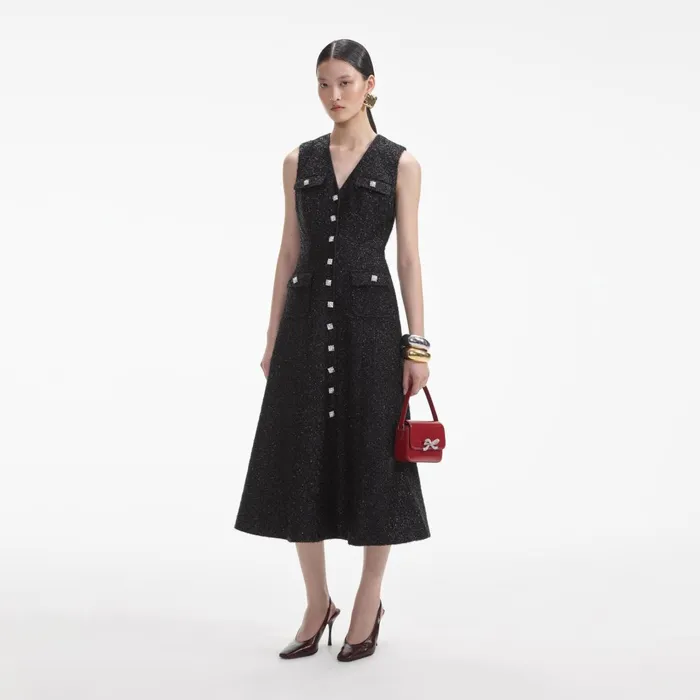 Self Portrait Dresses Women Black Tinsel Boucle Buttoned Midi Dress