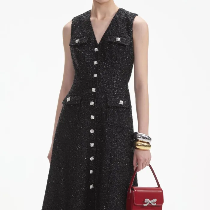 Self Portrait Dresses Women Black Tinsel Boucle Buttoned Midi Dress