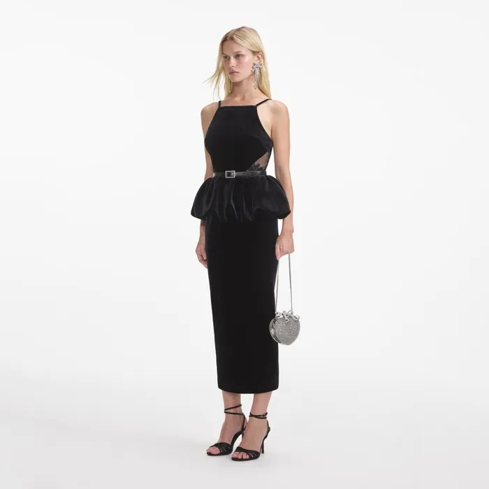 Self Portrait Dresses Women Black Velvet Peplum Midi Dress
