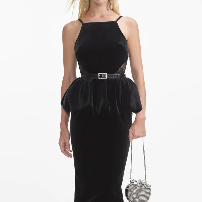 Self Portrait Dresses Women Black Velvet Peplum Midi Dress