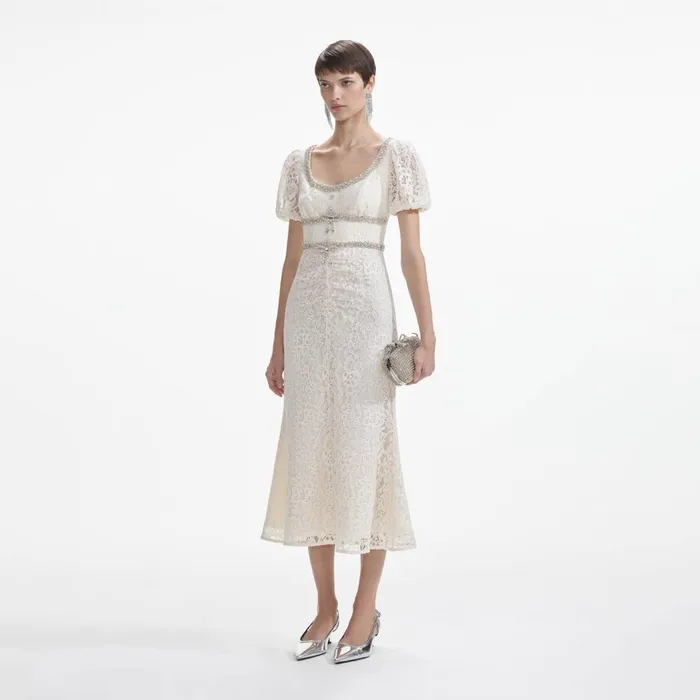 Self Portrait Dresses Women Cream Lace Diamante Trim Midi Dress