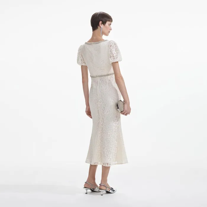 Self Portrait Dresses Women Cream Lace Diamante Trim Midi Dress