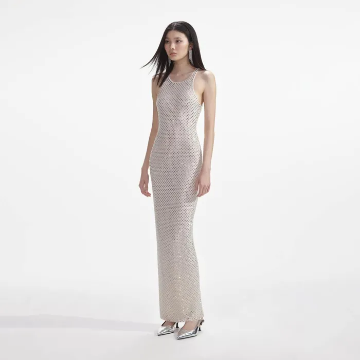 Self Portrait Dresses Women Cream Mesh Rhinestone Maxi Dress