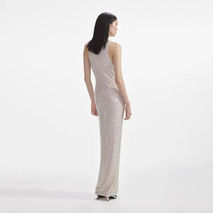 Self Portrait Dresses Women Cream Mesh Rhinestone Maxi Dress