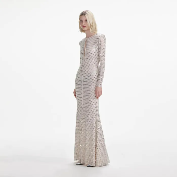 Self Portrait Dresses Women Cream Rhinestone Keyhole Maxi Dress