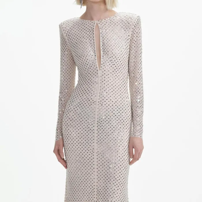Self Portrait Dresses Women Cream Rhinestone Keyhole Maxi Dress
