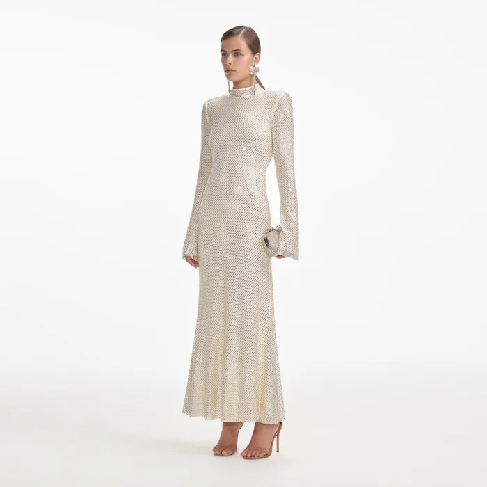 Self Portrait Dresses Women Cream Square Rhinestone Fishnet Midi Dress