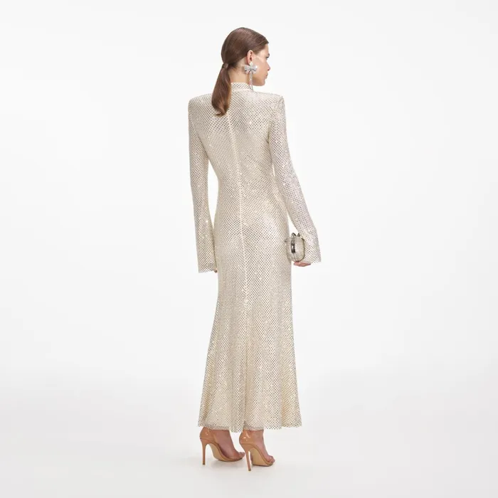 Self Portrait Dresses Women Cream Square Rhinestone Fishnet Midi Dress