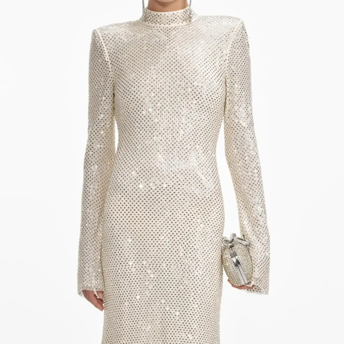 Self Portrait Dresses Women Cream Square Rhinestone Fishnet Midi Dress