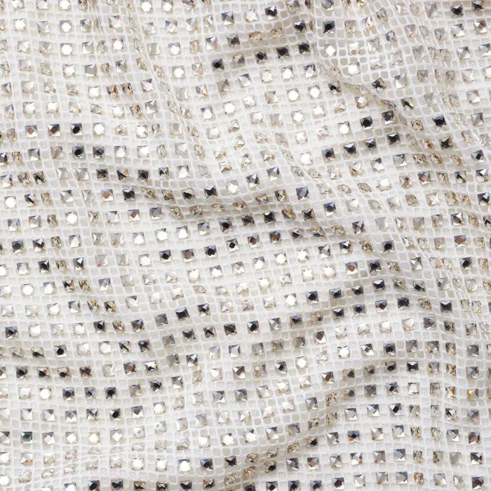 Self Portrait Dresses Women Cream Square Rhinestone Fishnet Midi Dress