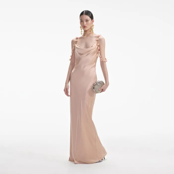 Self Portrait Dresses Women Rose Gold Satin Flower Maxi Dress Beige