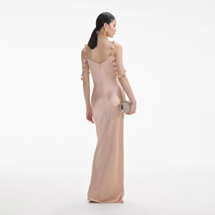 Self Portrait Dresses Women Rose Gold Satin Flower Maxi Dress Beige