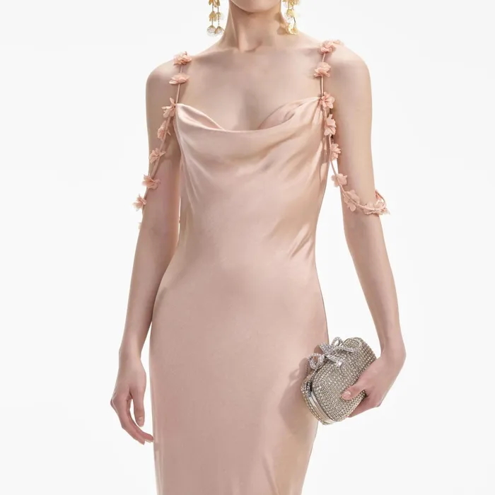 Self Portrait Dresses Women Rose Gold Satin Flower Maxi Dress Beige