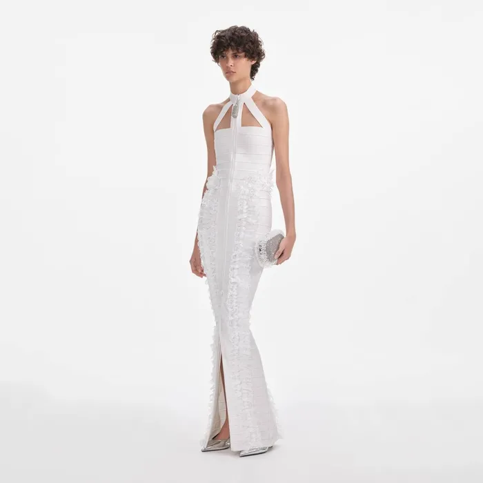 Self Portrait Dresses Women White Knit Zip Ruffle Maxi Dress White