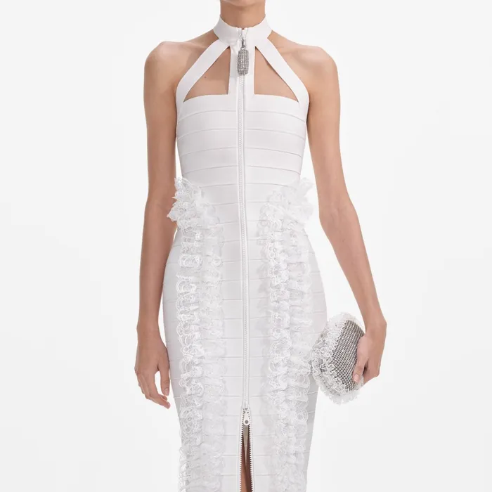Self Portrait Dresses Women White Knit Zip Ruffle Maxi Dress White