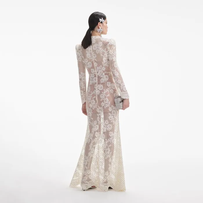 Self Portrait Dresses Women White Rhinestone Lace Maxi Dress