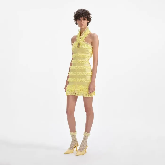 Self Portrait Dresses Women Yellow Knit Zip Ruffle Mini Dress