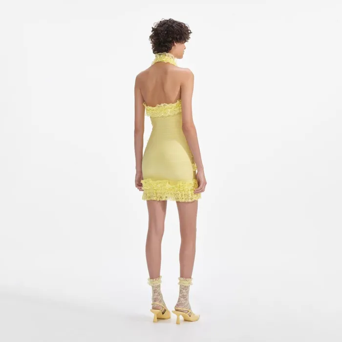 Self Portrait Dresses Women Yellow Knit Zip Ruffle Mini Dress